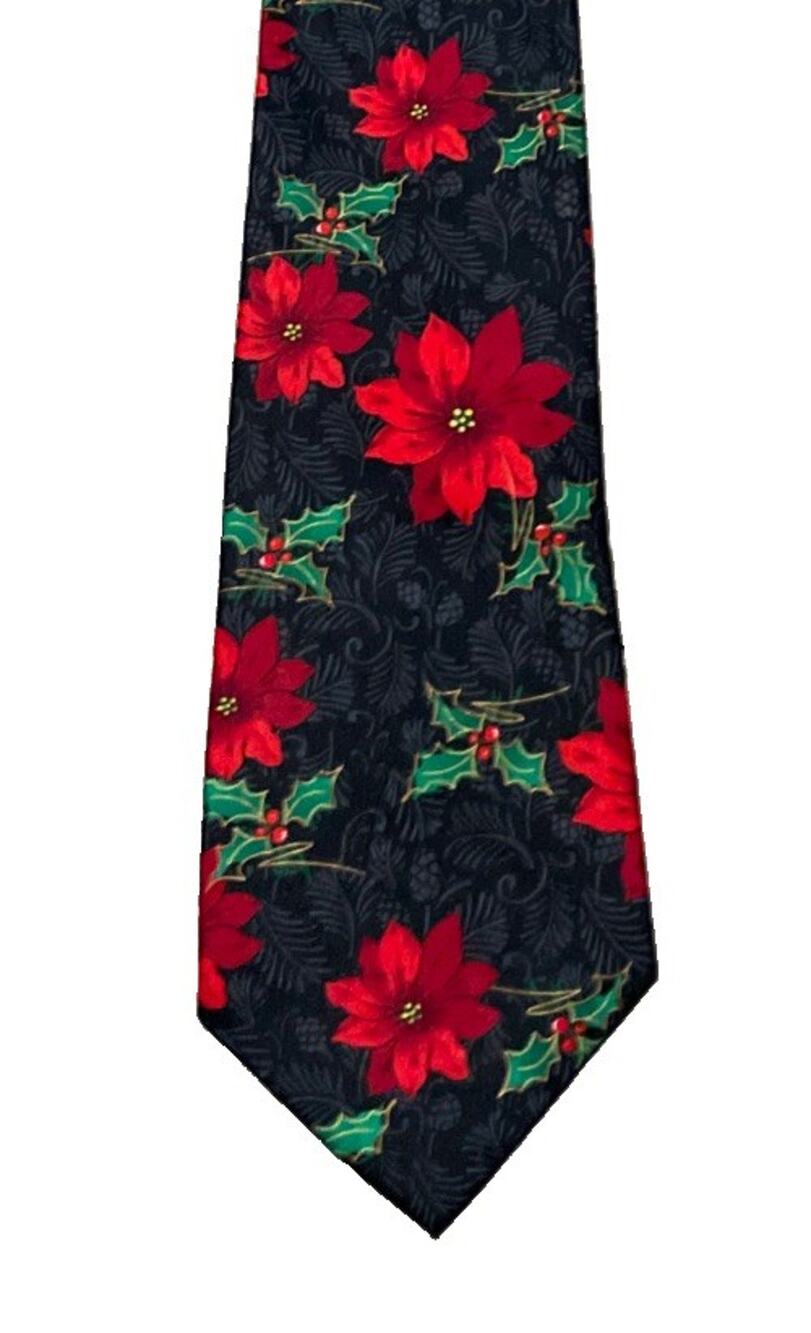 Vintage Hallmark Special Ties Necktie Christmas Poinsettias Holly Black/Red USA